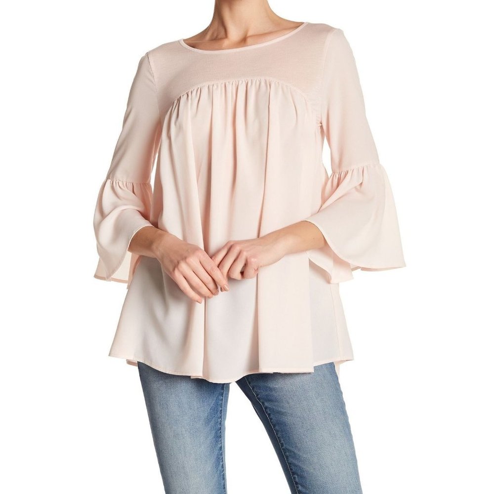 FRENCH CONNECTION Chiffon Pleated Bell Sleeve Blouse Flared Top Capri Blush XS